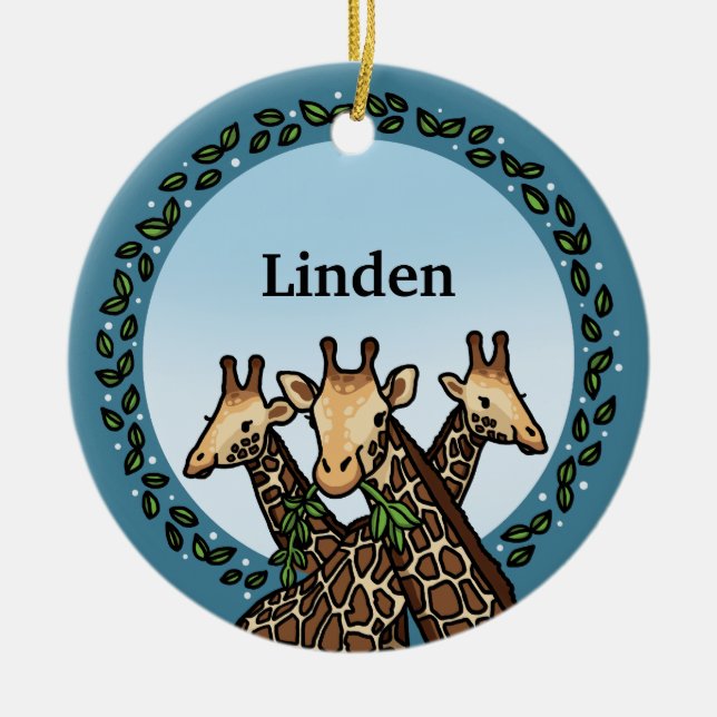 Giraffes and Laurel, Add Your Name Ceramic Ornament (Front)