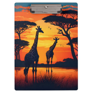 Giraffes at the Watering Hole at Sunset Clipboard