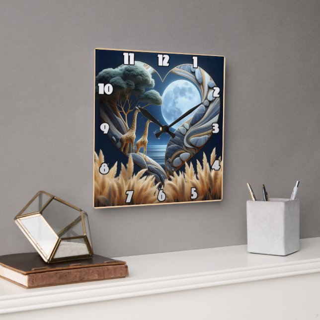 Giraffes embrace moonlit shores in Africa's beauty Square Wall Clock (Office)