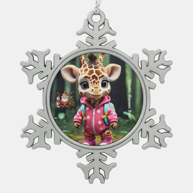 "Giraffe's Forest Adventure" Snowflake Pewter Christmas Ornament (Front)
