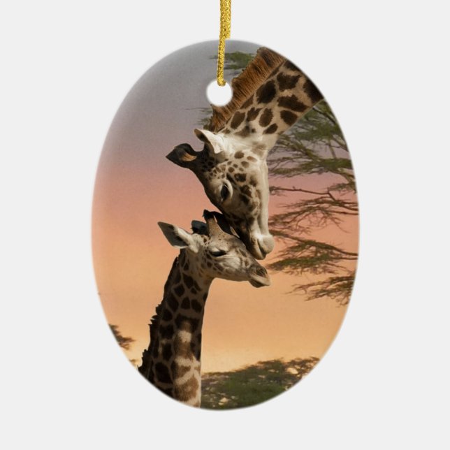 Giraffes Greeting Each Other Ceramic Ornament (Front)