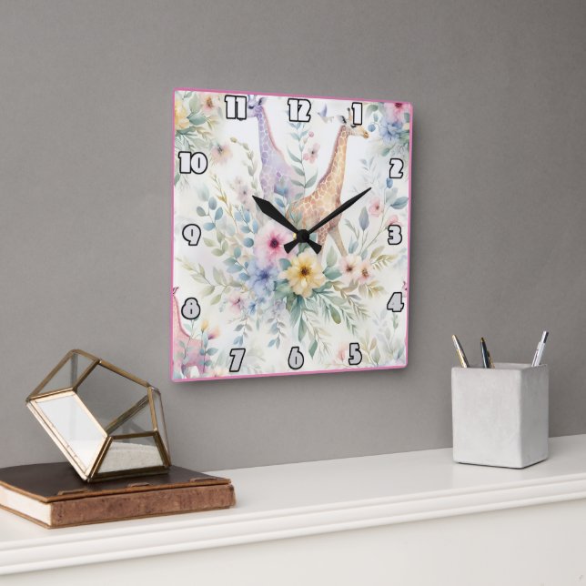 Giraffes in a colourful African landscape Square Wall Clock (Office)