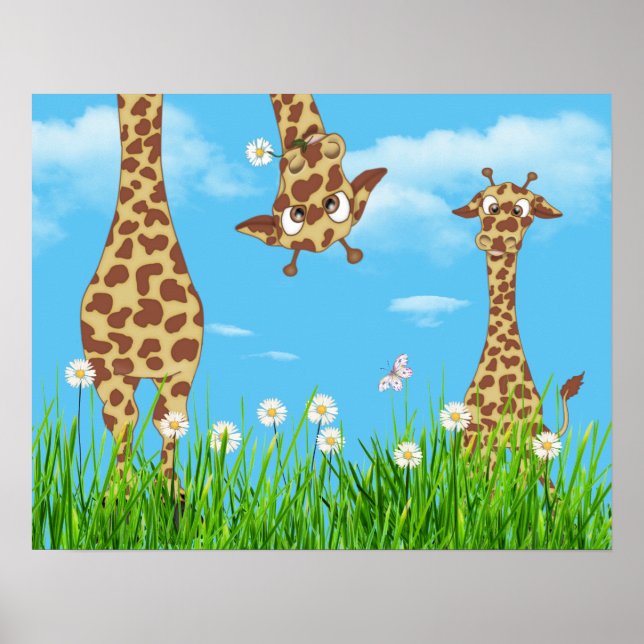 Giraffes in Grass with Clouds Poster (Front)