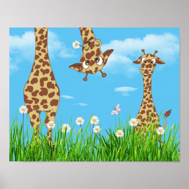 Giraffes in Grass with Clouds Poster (Front)