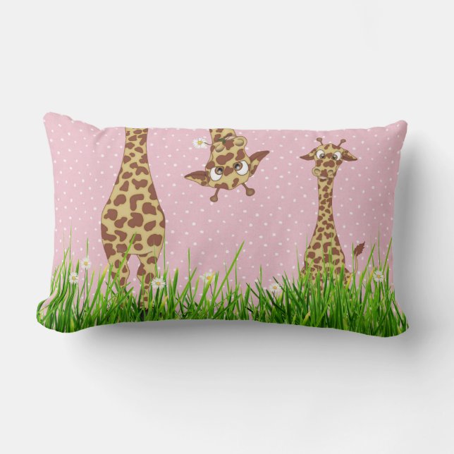 Giraffes in Grass with Daisies Lumbar Pillow (Front)