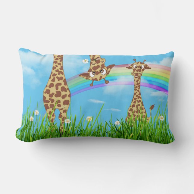 Giraffes in Grass with Rainbow Lumbar Pillow (Front)
