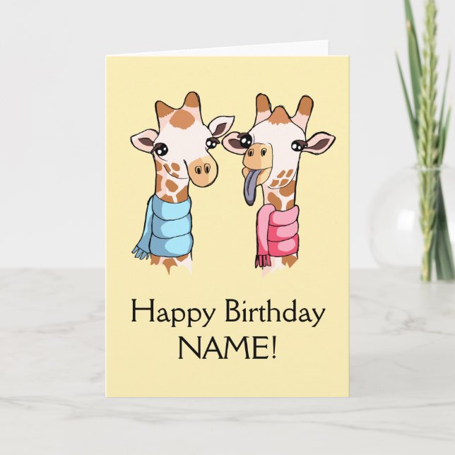 Giraffes in Scarves Drawing Birthday Card Template (Front)