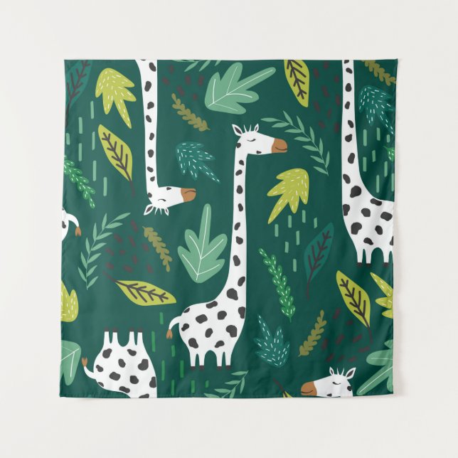 Giraffes, leaves, hand drawn backdrop. Colourful s Tapestry (Front)