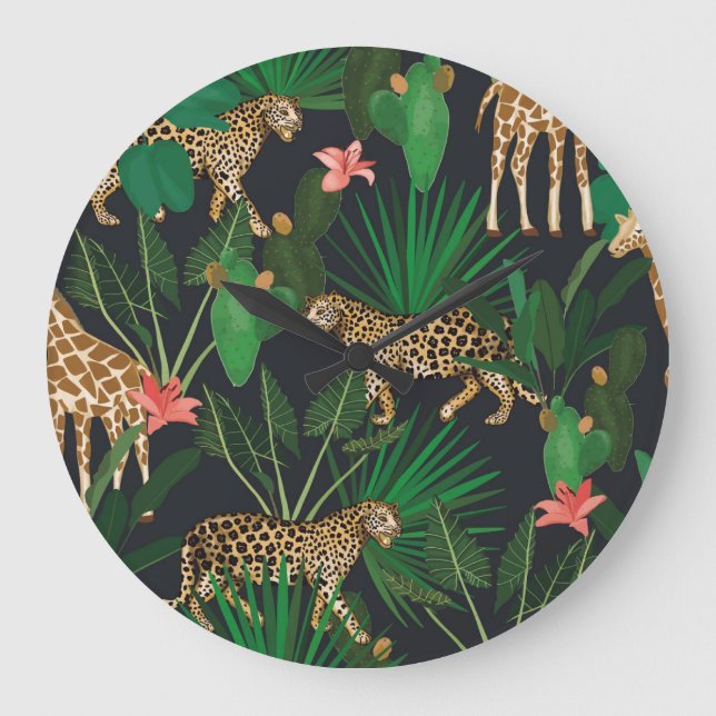 Giraffes, leopards, vintage animal pattern. large clock (Front)