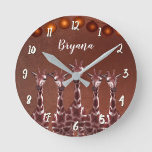 Giraffes & Lights Rustic Brown Chic Personalized Round Clock