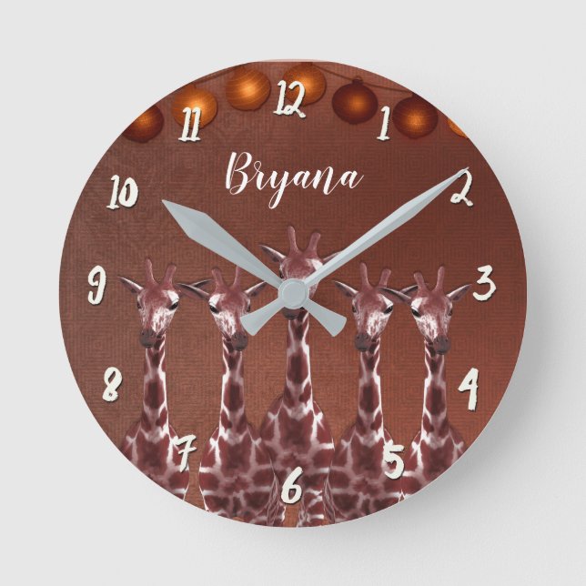 Giraffes & Lights Rustic Brown Chic Personalized Round Clock (Front)