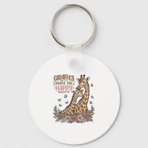 Giraffes Make Me Happy Vintage Floral Shirt Design Keychain