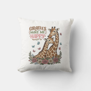 Giraffes Make Me Happy Vintage Floral Shirt Design Throw Pillow