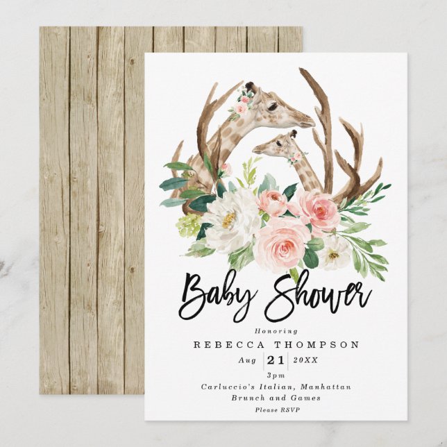 giraffes rustic floral modern baby shower invitation (Front/Back)