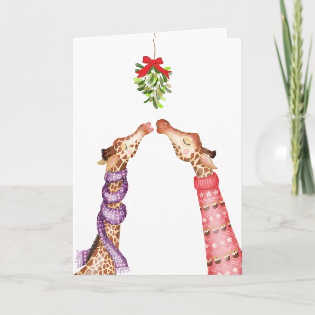 Giraffes s'embrassant sous la carte de Noël mistle (Devant)