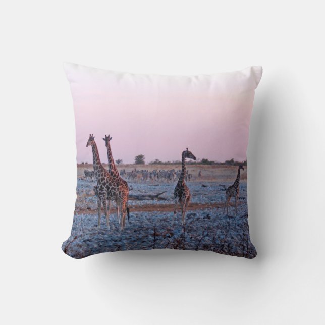 Giraffes Sunset Namibia Africa Throw Pillow (Front)