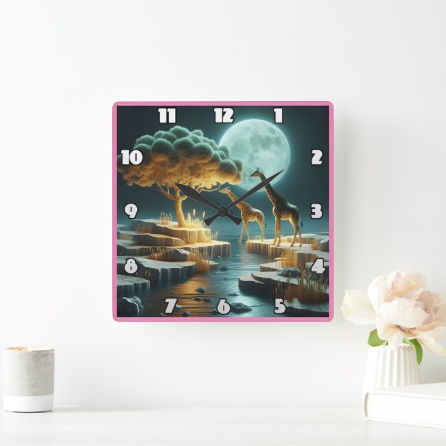 Giraffes under a glowing moon in Africa Square Wall Clock (Home)