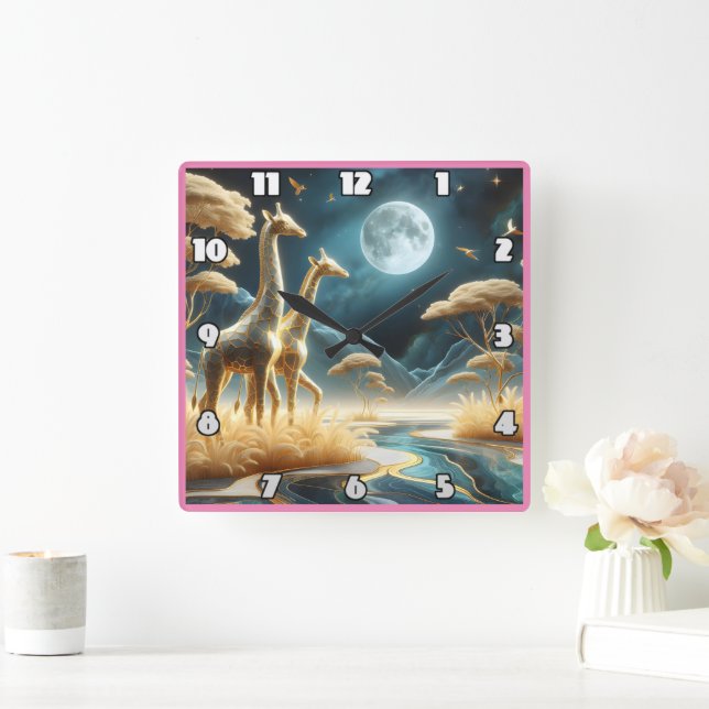 Giraffes under Africa’s full moon Square Wall Clock (Home)