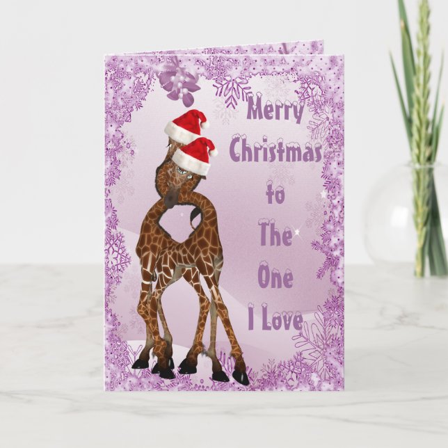 Giraffes Under the Mistletoe Purple Christmas Card (Front)