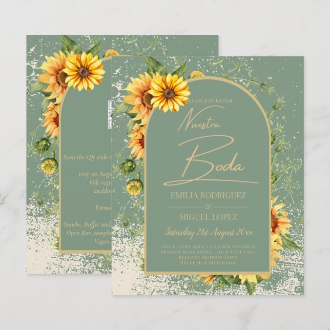 Girasoles Bilingües Boda Rústica en Verde Salvia (Front/Back)