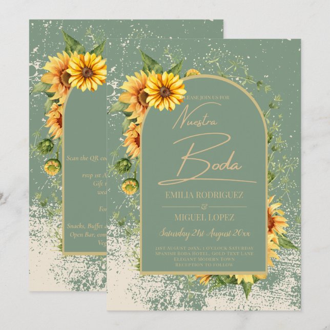 Girasoles Bilingües Boda Rústica en Verde Salvia Invitation (Front/Back)