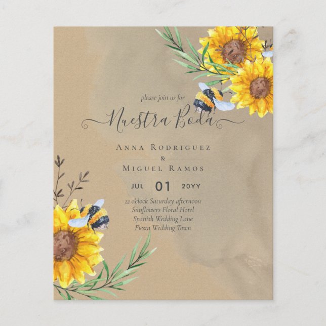 Girasoles de Invitación de Boda Económica Bilingüe (Front)