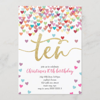 Girl 10th Birthday Hearts Confetti Rainbow Glitter Invitation