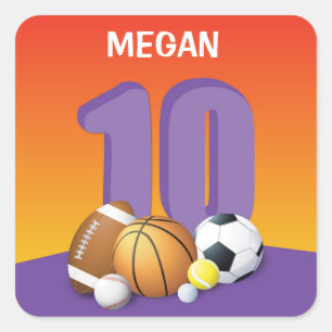 Girl 10th Birthday Sports Balls Square Sticker