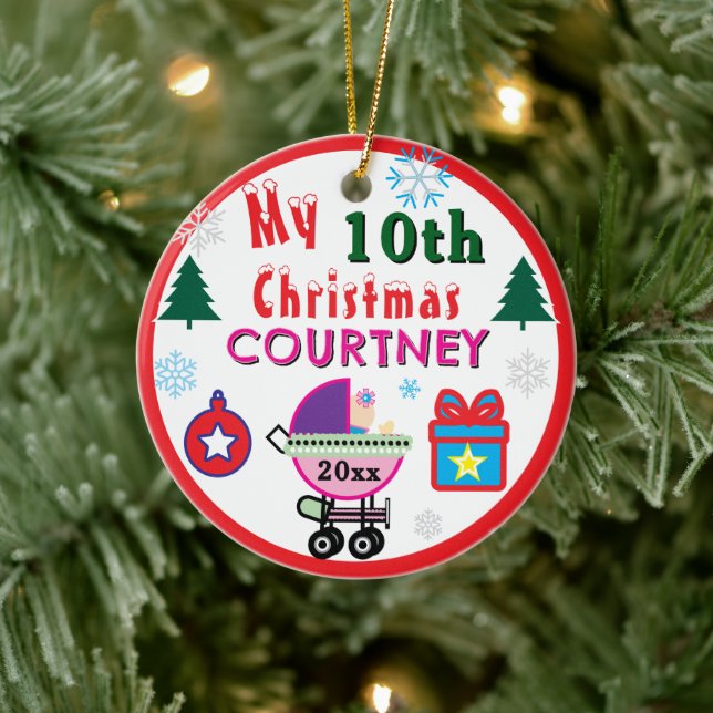 Girl 10th Christmas Doll Carriage Trees Any Age Ceramic Ornament (Tree)