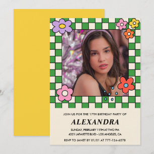 Girl 17th birthday invitation Retro Groovy Flowers