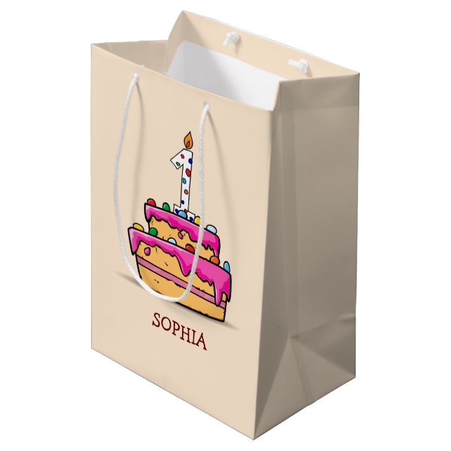 Girl 1st Birthday, 1 on Sweet Pink Cake Medium Gift Bag (Front Angled)