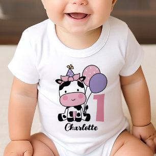 Girl 1st Birthday Cow Pink Balloons Personalized Baby T-Shirt