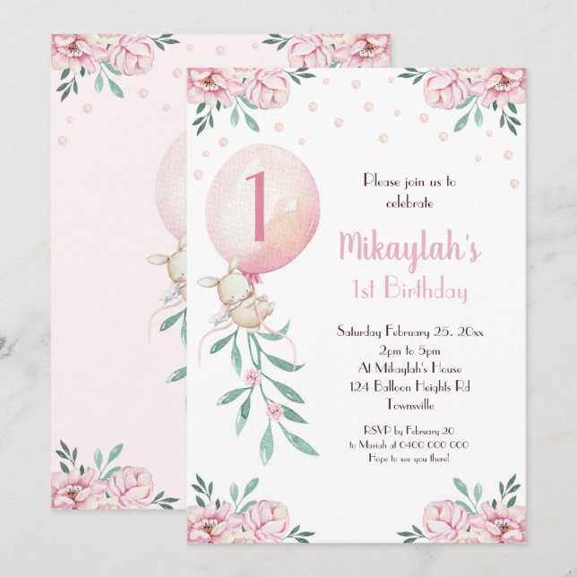 Girl 1st Birthday Invitation Balloons Bunny Party (Front/Back)