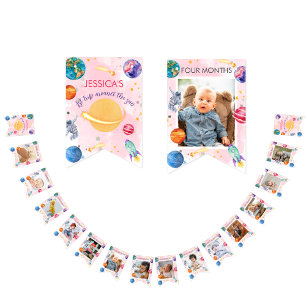 Girl 1st birthday monthly photo bunting flags
