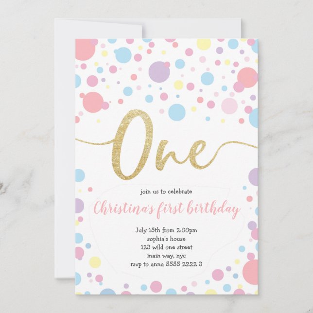 Girl 1st Birthday Pastel Rainbow Dots Confetti Invitation (Front)