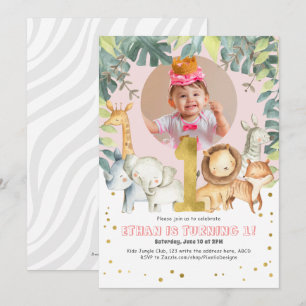 Girl 1st Birthday Safari Jungle animals pink photo Invitation