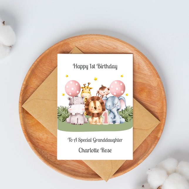 Girl 1st Birthday Wild One Safari Animals Card (Creator Uploaded)