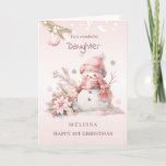 Girl 1st Christmas Pink Snowman Holiday Card<br><div class="desc">Christmas card with pink little snow girl,  bauble and poinsettia</div>