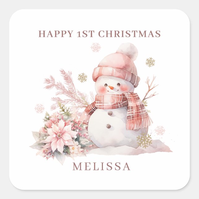 Girl 1st Christmas Pink Snowman Square Sticker (Front)