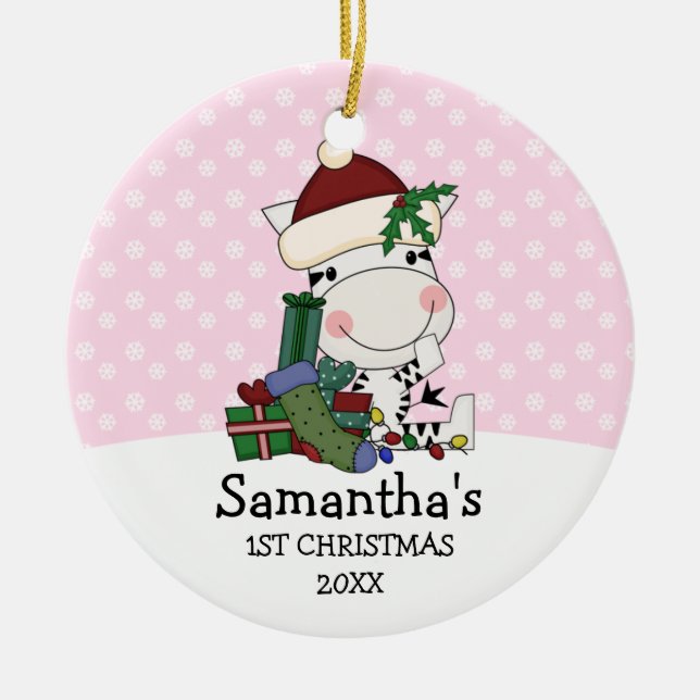 Girl 1st Christmas Santa Zebra Personalized Ceramic Ornament (Front)