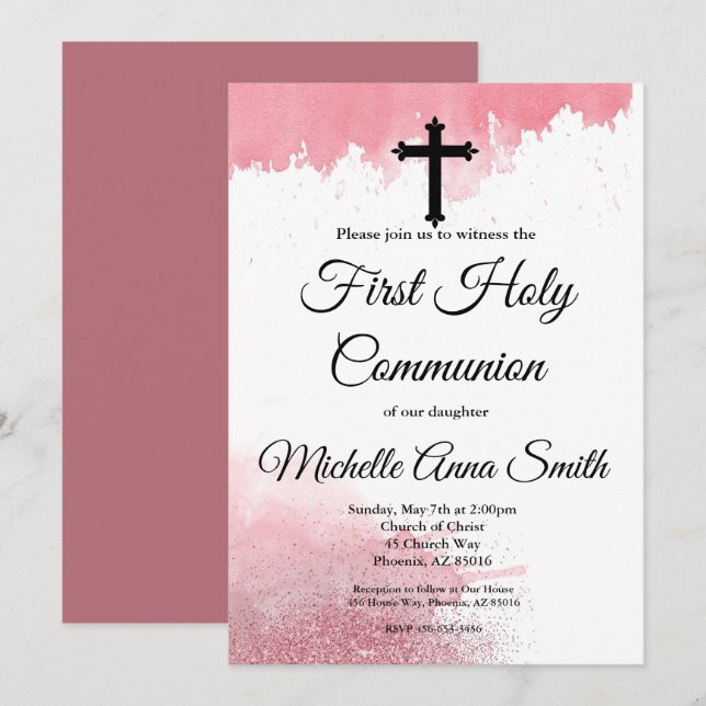 Girl 1st First Holy Communion Rose Gold Watercolor Invitation (Front/Back)