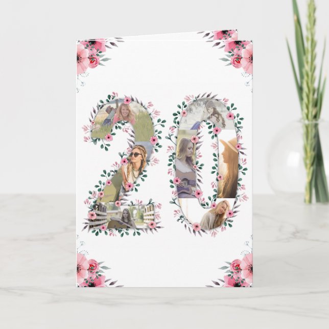 Girl 20th Birthday Photo Collage Pink Flower White Card (Front)