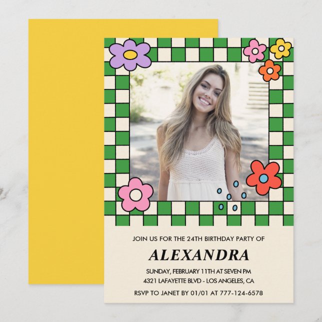 Girl 24th birthday invitation Retro Groovy Floral (Front/Back)