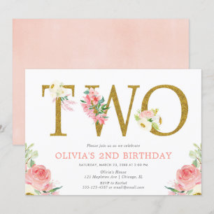 Girl 2nd birthday blush pink and gold floral invitation