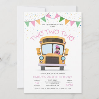 Girl 2nd Birthday Bus Party Invitation