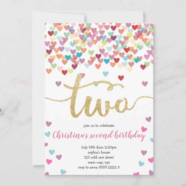 Girl 2nd Birthday Hearts Confetti Rainbow Glitter Invitation (Front)