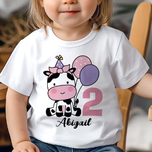 Girl 2nd Birthday Personalized Cow Pink Balloons Baby T-Shirt