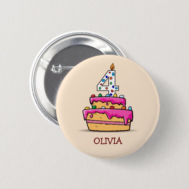 Girl 4th Birthday, 4 on Sweet Pink Cake 2 Inch Round Button (Front & Back)