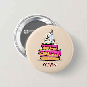 Girl 4th Birthday, 4 on Sweet Pink Cake 2 Inch Round Button