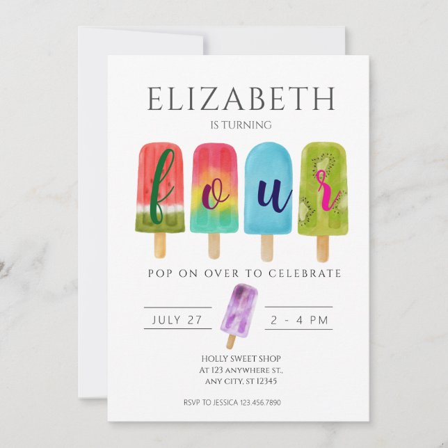 Girl 4th Birthday Popsicle Summer Party Invitation (Front)